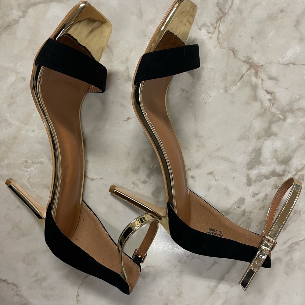 Women’s black & gold ankle strap heeled sandals